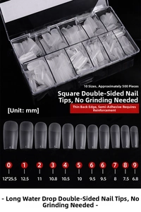 Detailed size chart for 500-piece ultra-thin matte square and almond press-on nail tips