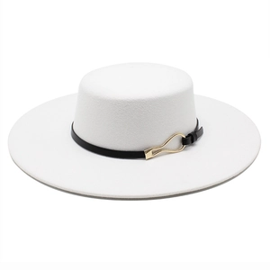 Elegant white flat top wool felt boater hat with black band and gold buckle detail