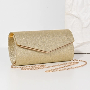 Elegant champagne gold glitter clutch bag with light gold chain strap for evening party