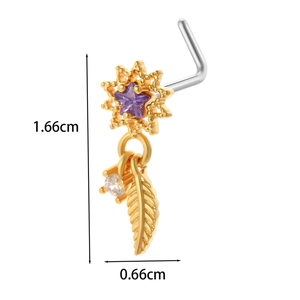 L-shaped titanium steel nose stud with purple star gem and gold leaf charm detail