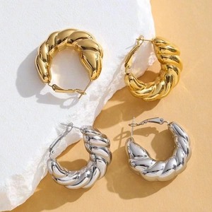 Chunky Twisted Hoop Earrings 18K Gold Plated Stainless Steel Croissant Style Fashion Jewelry For Women