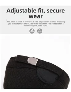 Detail of adjustable metal buckle and elastic strap on winter wool cap for men