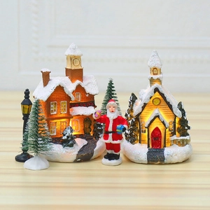 Christmas Village Miniature House Resin Glowing LED Light Up Snow Scene Desktop Holiday Decor Ornament