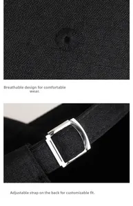 Detail of black baseball cap showing ventilation holes and adjustable silver metal buckle strap