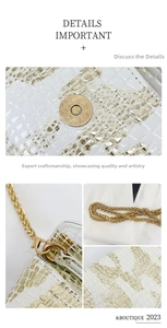 Detailed close-up of white crocodile pattern texture with golden chain and magnetic buckle