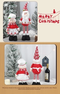 Front and back detail of plush chef Santa figures with telescopic legs for Xmas decor