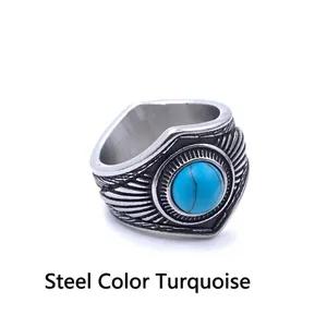 Vue détaillée d'une bague rétro couleur acier avec pierre turquoise bleue et gravure plume