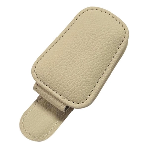 Beige leather car sun visor glasses clip and card holder organizer with fine stitching