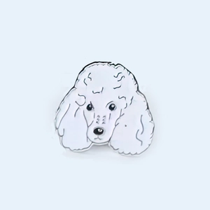 Detailed view of a white poodle enamel pin crafted in cute cartoon style metal alloy