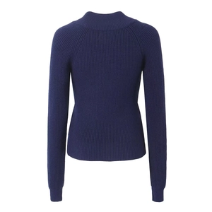 Back view of navy blue ribbed knit sweater showing refined shoulder seams and hem