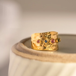18K gold plated stainless steel wide ring with hammered texture and colorful zircons