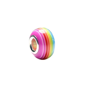 Detailed macro view of rainbow striped resin bead with a durable metal inner core