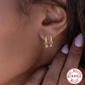 S925 Sterling silver gold hoop earrings featuring purple and green triangle zircon pendants