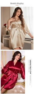 Champagne gold and wine red satin robes featuring V-neck design and a silky smooth finish