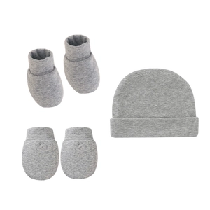 3-piece newborn baby hat gloves and socks set in soft grey knitted cotton fabric