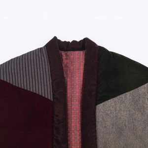 Patchwork velvet vest with burgundy and green blocks featuring a vintage printed lining