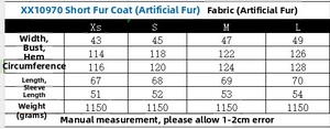 Size chart showing XS to L measurements for a short faux fur warm coat with heavy weight