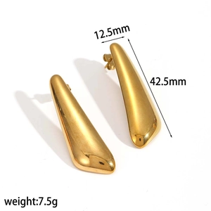 Gold stainless steel teardrop earrings measuring 42.5mm by 12.5mm with 18k gold plating