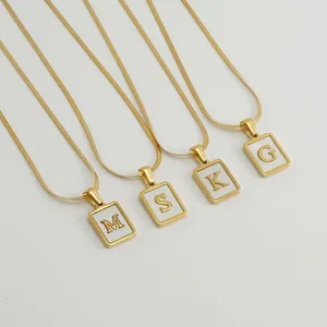 Stainless Steel Necklace 18K Gold Plated Rectangular Mother Of Artificial Pearl Initial Letter Pendant Elegant Jewelry For Women