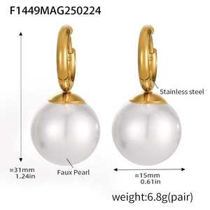 Detail of stainless steel pearl earrings with 31mm height and 15mm white pearl diameter