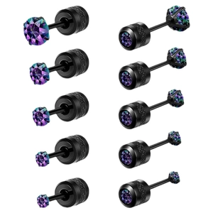 Black stainless steel stud earring set with 5 pairs of rainbow cubic zirconia gemstones