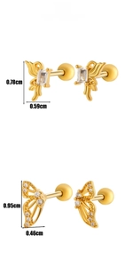 Détails de piercings d'oreille papillon dorés avec zircons et fermoirs à bille vissés