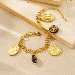 Golden medallion bracelet with cross, Guadalupe pendant and black acrylic floral charms