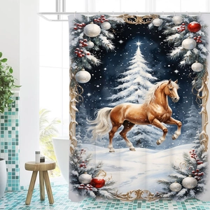 Close-up of Christmas shower curtain with brown horse in snow and festive ornaments