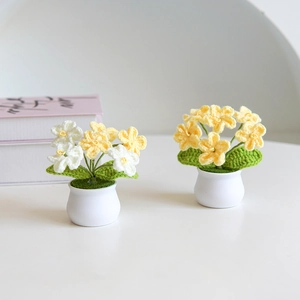 Handmade crochet forget-me-not mini potted plants for home office and desktop decor