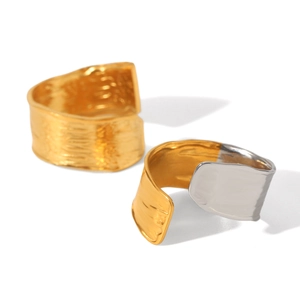 18K gold plated stainless steel open rings with unique hammered metal texture and wide band