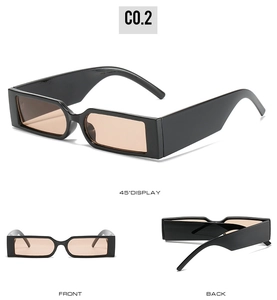 Three-way view of black rectangle sunglasses with light orange lenses from multiple angles