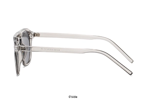 Close-up of transparent sunglasses temple with E2128 model and CE logo details