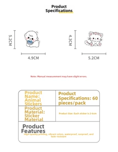 Detailed size chart for 60pcs waterproof cartoon animal stickers for cups and journals