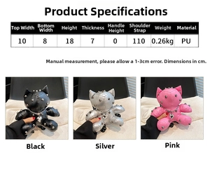 Detail view of mini teddy bear PU leather crossbody bag with punk rivets and size chart