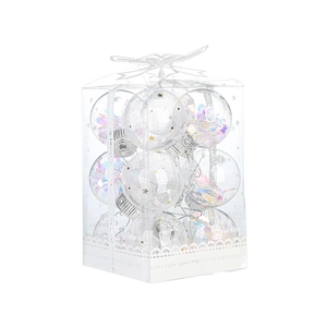 Transparent Christmas ball ornaments set with glitter stars in a gift box with a white bow