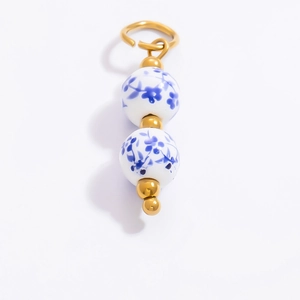 Pendentif en porcelaine bleue et blanche avec détails dorés pour création de bijoux DIY