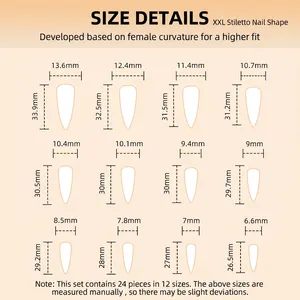Guide des 12 tailles pour faux ongles stiletto extra longs en kit de 24 pièces