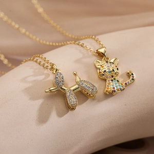 Balloon Dog Cat Pendant Necklace Copper Zircon Gold Plated Fashion INS Animal Clavicle Chain Jewelry Women