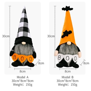 Detailed size chart showing two 30cm Halloween faceless gnomes with BOO banners