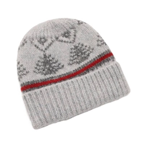Berretto in maglia Fair Isle vintage grigio con striscia rossa e trama termica spessa