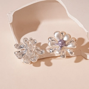Détail macro du clip d'oreille fleur argentée avec perle mauve et fermoir arrière