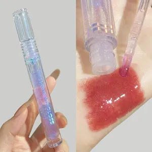 Macro shot of 03# Shimmer Lip Gloss with purple glitter on applicator and hand swatch