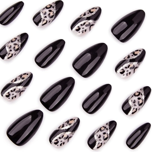Long almond leopard print and glossy black press-on nails set with silver glitter accents