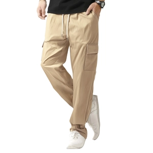 Men's khaki loose cargo pants with elastic waist and side pockets for casual summer wear