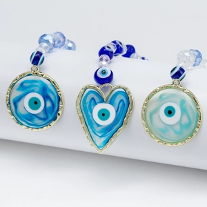 Lucky Evil Eye Heart Round Pendant Beaded Hanging Charm Protection Amulet For Car Home Office Decor Blue Gold Alloy Accessory