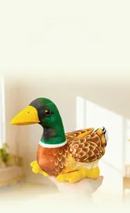 Macro detail of a realistic wild duck plush with vibrant green head and soft brown textures