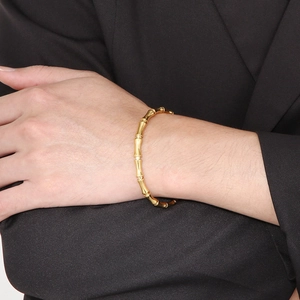 Minimalist golden bamboo joint open bangle bracelet with polished solid finish