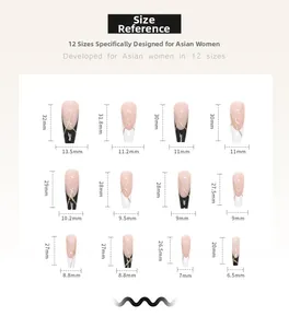 Size chart showing 12 different dimensions for long ballet press-on glitter gold nails