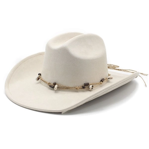 Classic cream faux suede western cowboy hat with seashell and wooden bead band detail