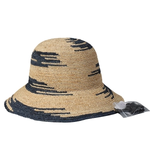 Cappello da sole in rafia fatto a mano con strisce blu e sottogola per vacanze al mare